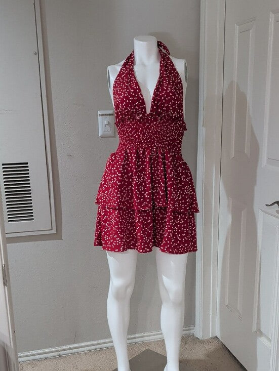 Red Halter Tiered Mini Dress with White Heart Print Women's Small