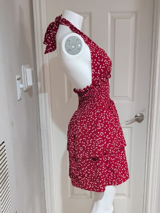 Red Halter Tiered Mini Dress with White Heart Print Women's Small