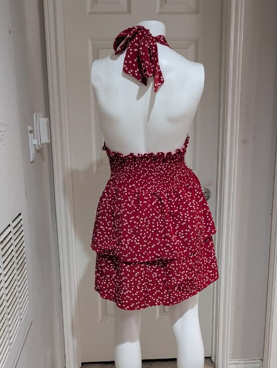 Red Halter Tiered Mini Dress with White Heart Print Women's Small