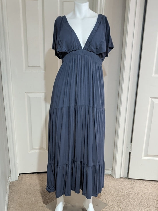 Wishlist Apparel Women's Deep V Tiered Maxi Dress in Slate Blue Medium