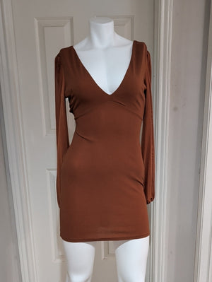 Long Sleeve Deep V Bodycon Dress in Burnt Orange Women's Small