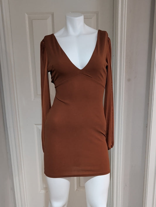 Long Sleeve Deep V Bodycon Dress in Burnt Orange Women's Small