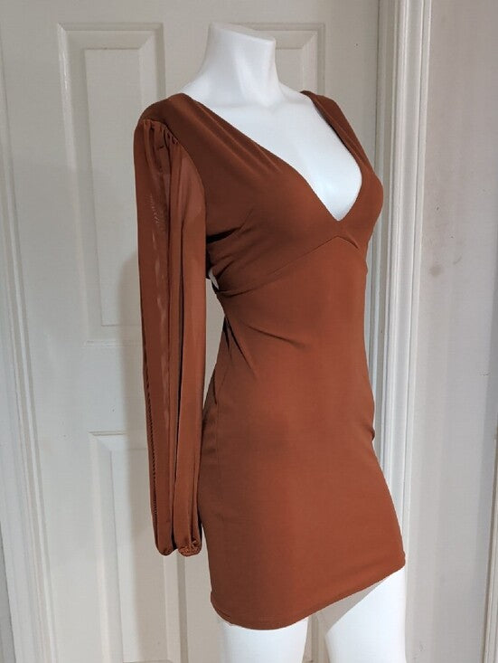 Long Sleeve Deep V Bodycon Dress in Burnt Orange Women's Small