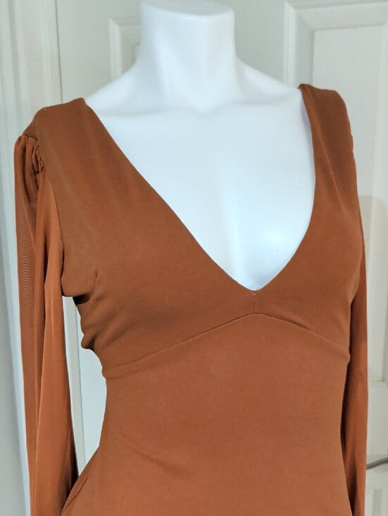 Long Sleeve Deep V Bodycon Dress in Burnt Orange Women's Small
