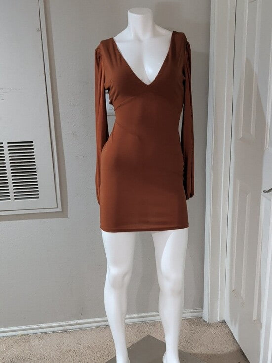 Long Sleeve Deep V Bodycon Dress in Burnt Orange Women's Small
