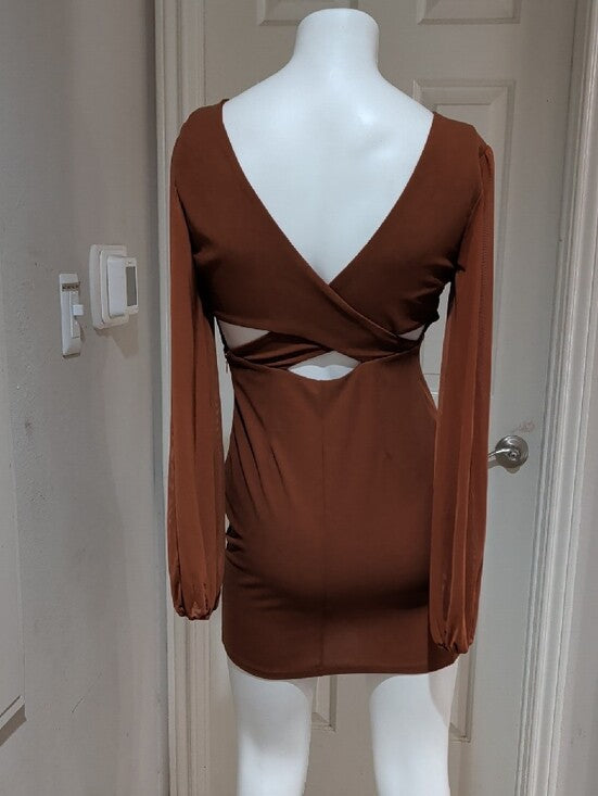 Long Sleeve Deep V Bodycon Dress in Burnt Orange Women's Small