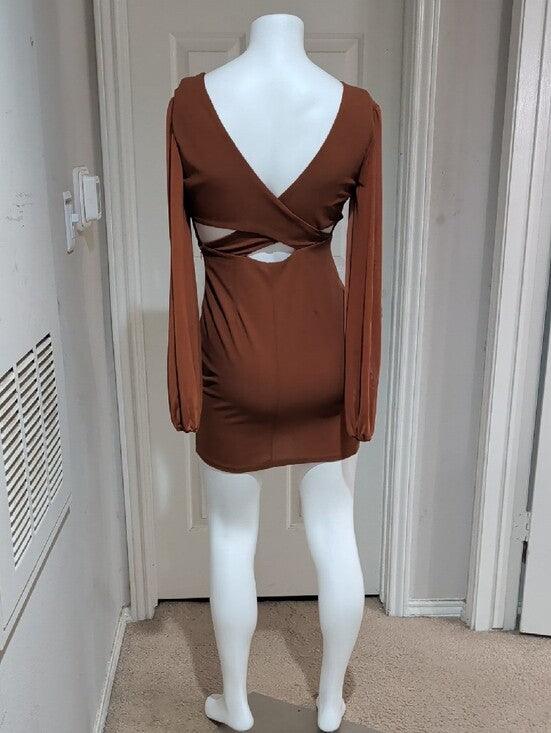 Long Sleeve Deep V Bodycon Dress in Burnt Orange Women's Small