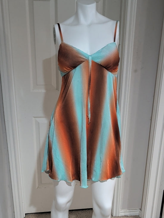 Y2K No Boundaries Aqua and Copper Striped Satin Textured Slip Dress Women's S