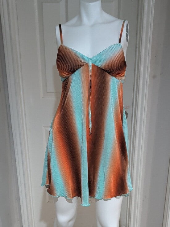 Y2K No Boundaries Aqua and Copper Striped Satin Textured Slip Dress Women's S