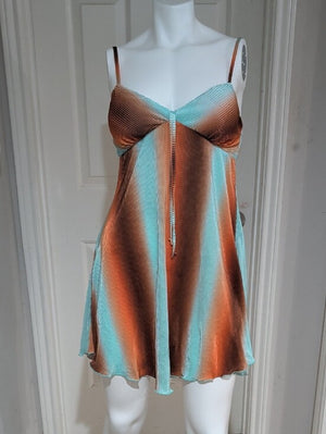 Y2K No Boundaries Aqua and Copper Striped Satin Textured Slip Dress Women's S