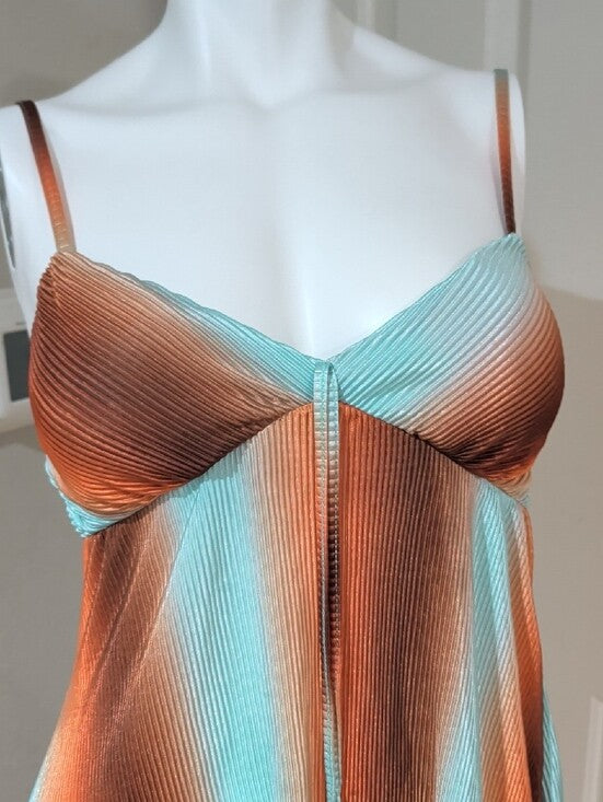 Y2K No Boundaries Aqua and Copper Striped Satin Textured Slip Dress Women's S