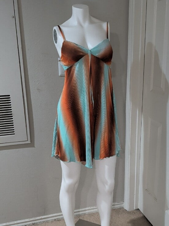 Y2K No Boundaries Aqua and Copper Striped Satin Textured Slip Dress Women's S