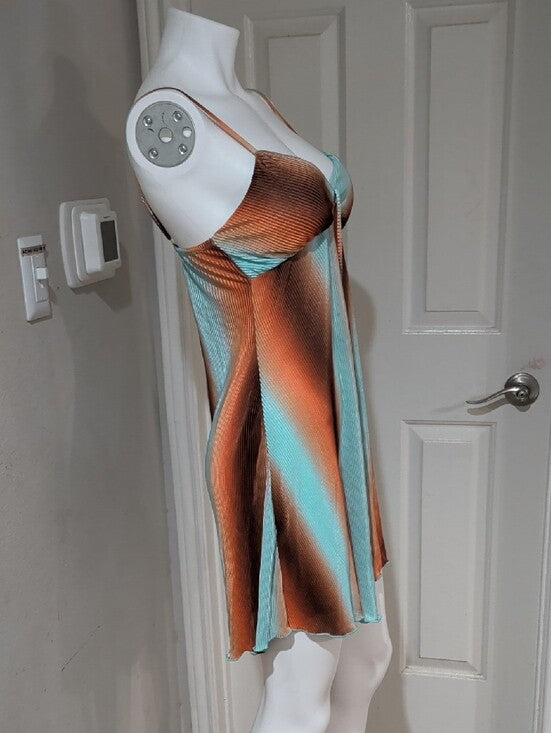 Y2K No Boundaries Aqua and Copper Striped Satin Textured Slip Dress Women's S