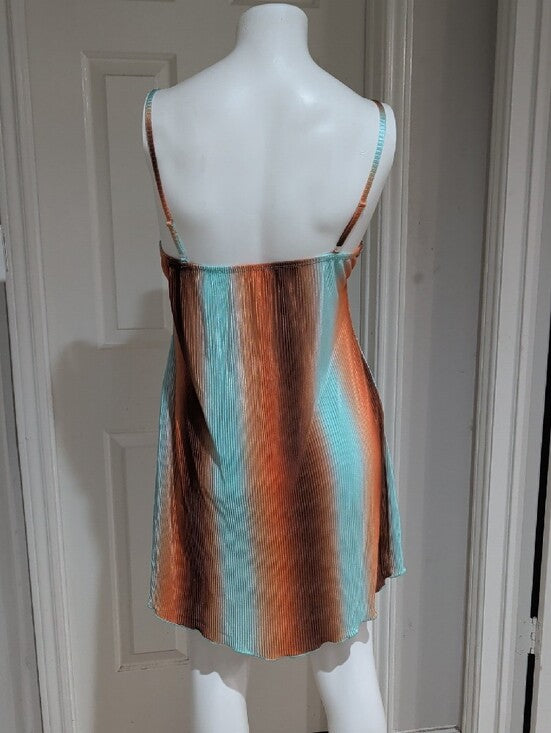 Y2K No Boundaries Aqua and Copper Striped Satin Textured Slip Dress Women's S