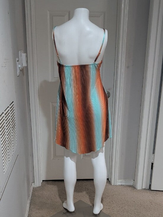 Y2K No Boundaries Aqua and Copper Striped Satin Textured Slip Dress Women's S