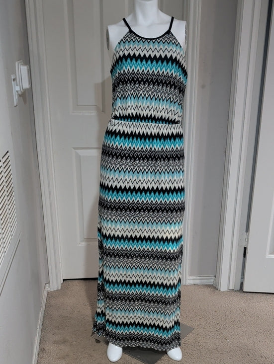 Bisou Bisou Knit Boatneck Chevron Maxi Dress in Teal, Black & White Women's 10