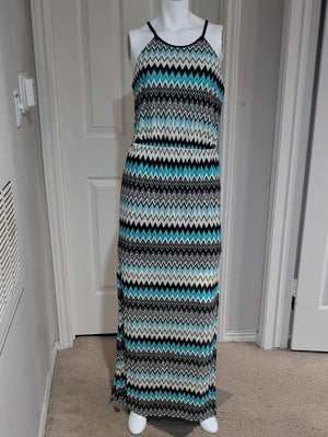 Bisou Bisou Knit Boatneck Chevron Maxi Dress in Teal, Black & White Women's 10