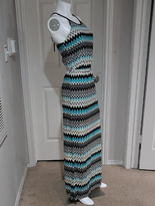 Bisou Bisou Knit Boatneck Chevron Maxi Dress in Teal, Black & White Women's 10