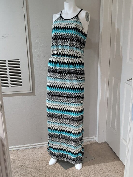 Bisou Bisou Knit Boatneck Chevron Maxi Dress in Teal, Black & White Women's 10