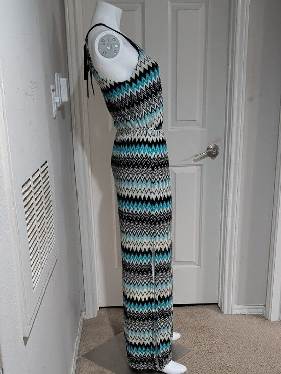 Bisou Bisou Knit Boatneck Chevron Maxi Dress in Teal, Black & White Women's 10
