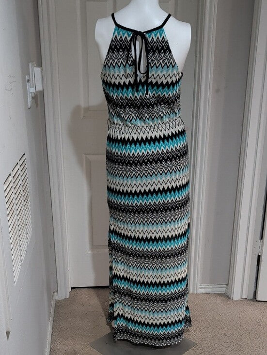 Bisou Bisou Knit Boatneck Chevron Maxi Dress in Teal, Black & White Women's 10