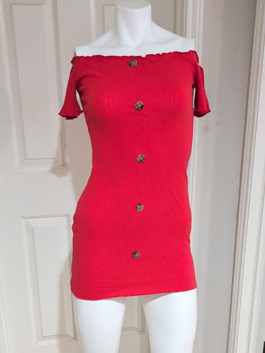 Retro Off-Shoulder Red Button-Front Ribbed Mini Dress Y2K Women's Small