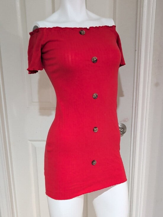 Retro Off-Shoulder Red Button-Front Ribbed Mini Dress Y2K Women's Small