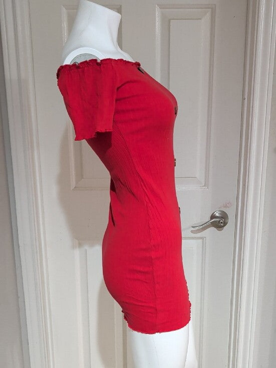 Retro Off-Shoulder Red Button-Front Ribbed Mini Dress Y2K Women's Small