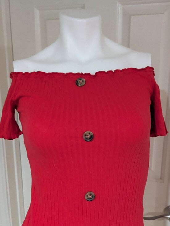 Retro Off-Shoulder Red Button-Front Ribbed Mini Dress Y2K Women's Small
