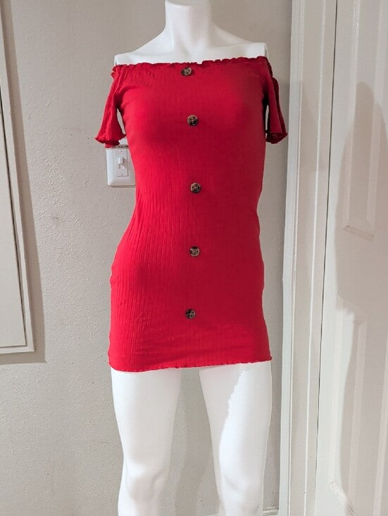 Retro Off-Shoulder Red Button-Front Ribbed Mini Dress Y2K Women's Small
