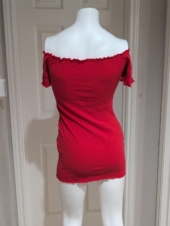 Retro Off-Shoulder Red Button-Front Ribbed Mini Dress Y2K Women's Small