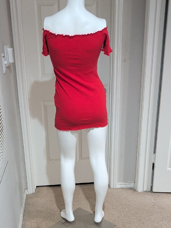 Retro Off-Shoulder Red Button-Front Ribbed Mini Dress Y2K Women's Small
