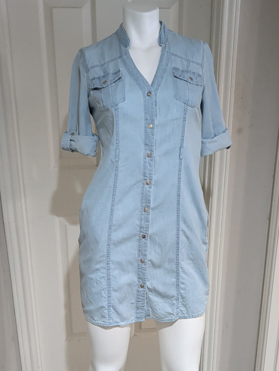 Retro Guess Light Blue Chambray 100% Cotton Shirt Dress Women's Small Y2K