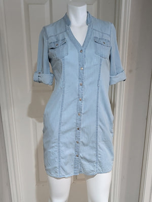 Retro Guess Light Blue Chambray 100% Cotton Shirt Dress Women's Small Y2K