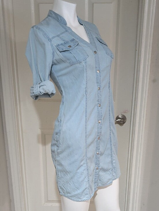Retro Guess Light Blue Chambray 100% Cotton Shirt Dress Women's Small Y2K