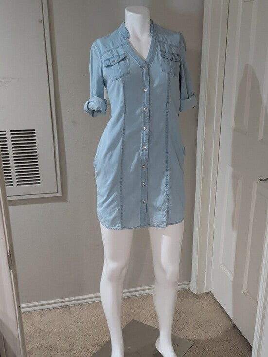 Retro Guess Light Blue Chambray 100% Cotton Shirt Dress Women's Small Y2K