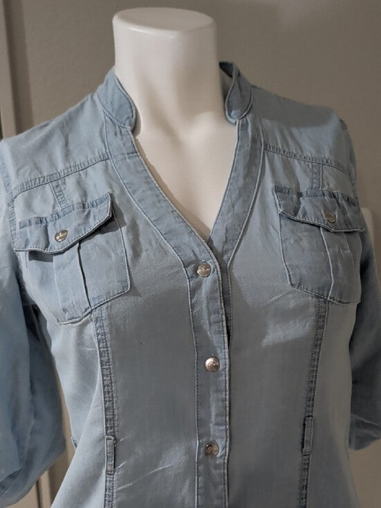 Retro Guess Light Blue Chambray 100% Cotton Shirt Dress Women's Small Y2K