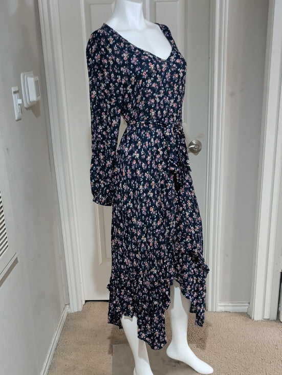 Mia Joy Floral Midi Tie-Waist Dress in Navy with Pink Accents Women's Medium