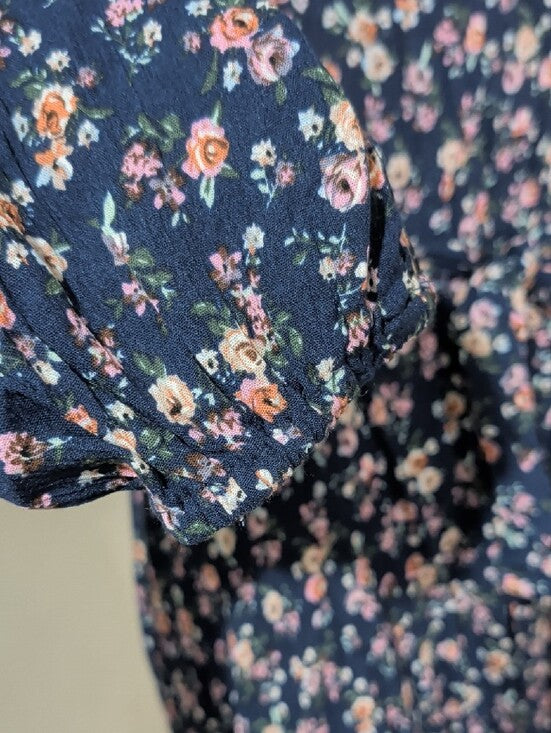 Mia Joy Floral Midi Tie-Waist Dress in Navy with Pink Accents Women's Medium