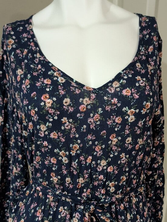 Mia Joy Floral Midi Tie-Waist Dress in Navy with Pink Accents Women's Medium