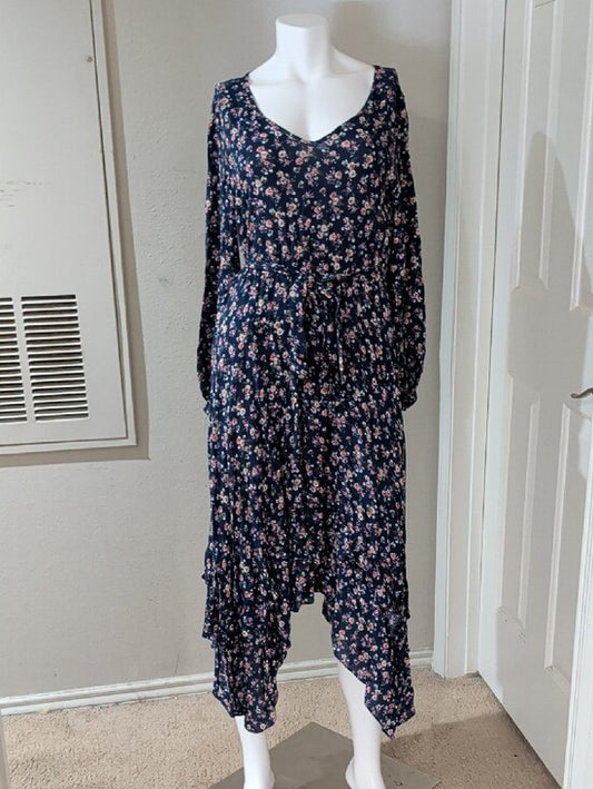 Mia Joy Floral Midi Tie-Waist Dress in Navy with Pink Accents Women's Medium