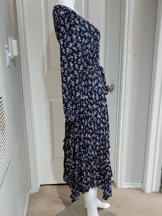 Mia Joy Floral Midi Tie-Waist Dress in Navy with Pink Accents Women's Medium