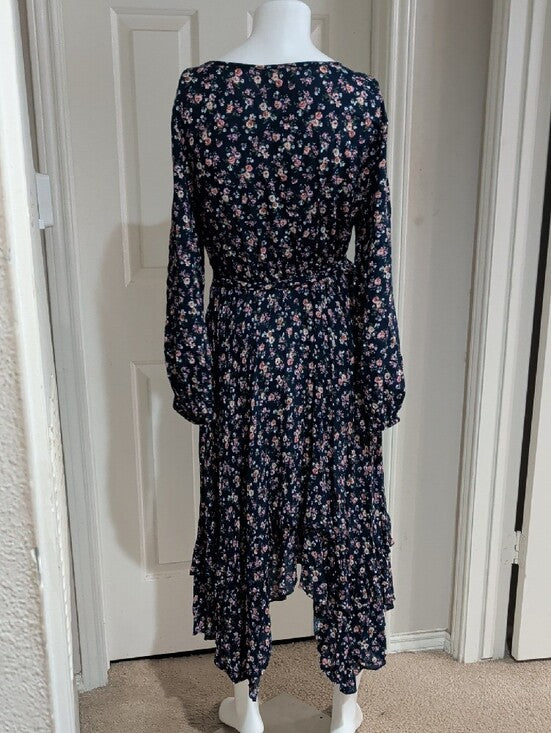 Mia Joy Floral Midi Tie-Waist Dress in Navy with Pink Accents Women's Medium