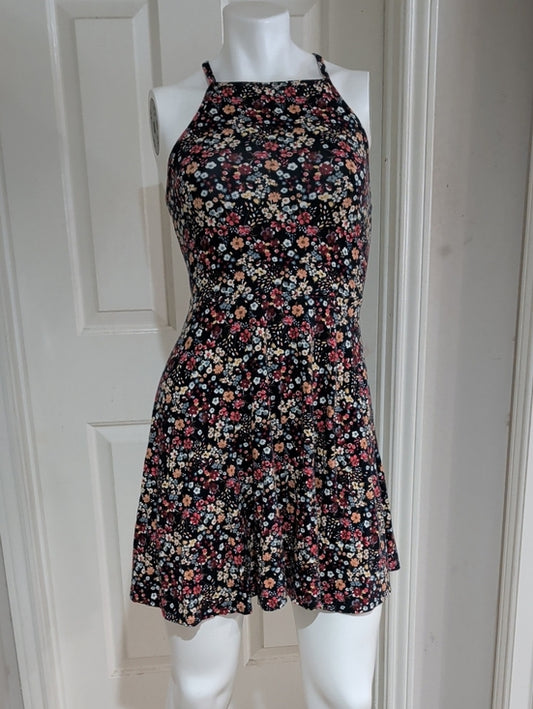 Hollister Floral Halter Skater Dress - Black with Pink & Cream Flowers Women's S