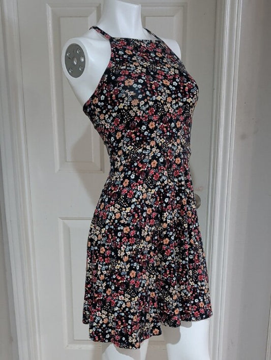 Hollister Floral Halter Skater Dress - Black with Pink & Cream Flowers Women's S