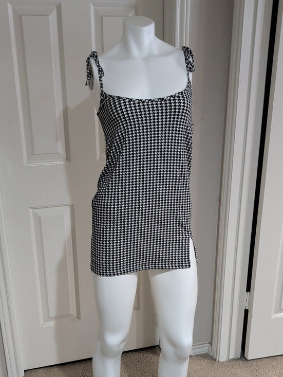 Retro Coco And Shay Houndstooth Tie-Strap Mini Dress - Black & White Y2K S