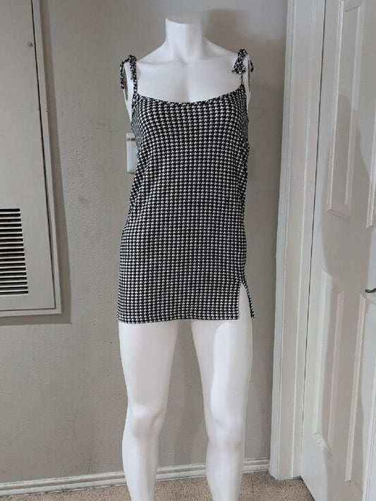 Retro Coco And Shay Houndstooth Tie-Strap Mini Dress - Black & White Y2K S