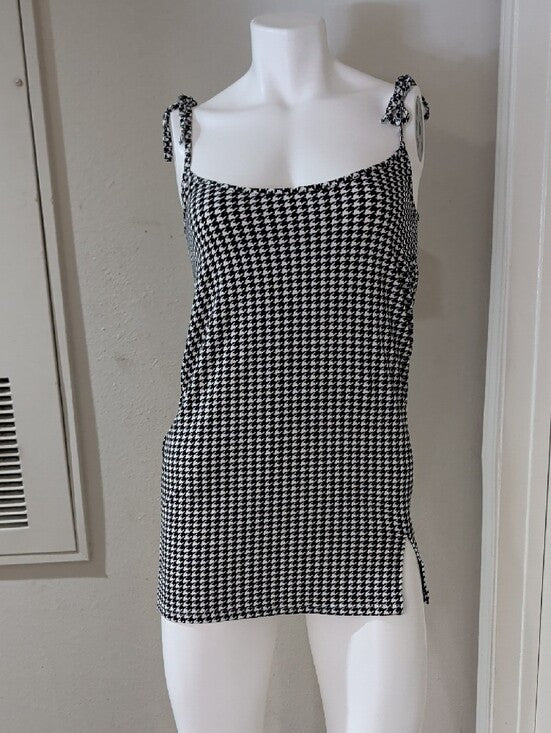 Retro Coco And Shay Houndstooth Tie-Strap Mini Dress - Black & White Y2K S