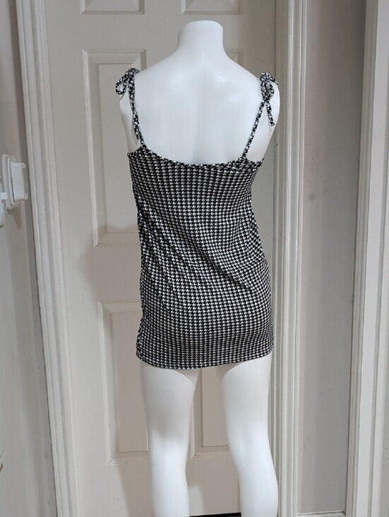 Retro Coco And Shay Houndstooth Tie-Strap Mini Dress - Black & White Y2K S