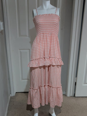 Miumy Pink Gingham Smocked Maxi Dress Women's S/M New